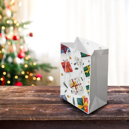 Sacola Para Presentes Média Boxes de Natal Brilhantes e Folhas Evergreen