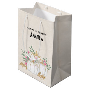 Sacola Para Presentes Média Branca e Dourada Pumpkins Watercolor Aniversário