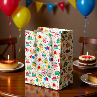 Sacola Para Presentes Média Bright Birthday Cakes and Balloons Wrapping Paper