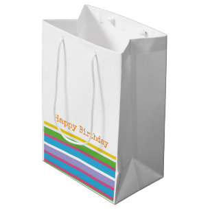 Sacola Para Presentes Média Bright Color Strips Feliz Aniversário Moderno Hip