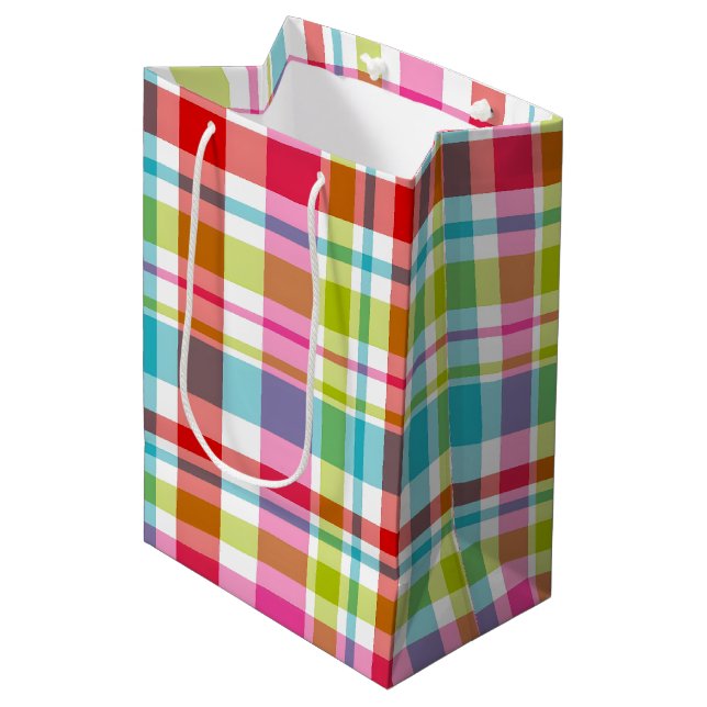 Sacola Para Presentes Média Bright Rainbow Plaid Checkered Pattern (Frente inclinada)