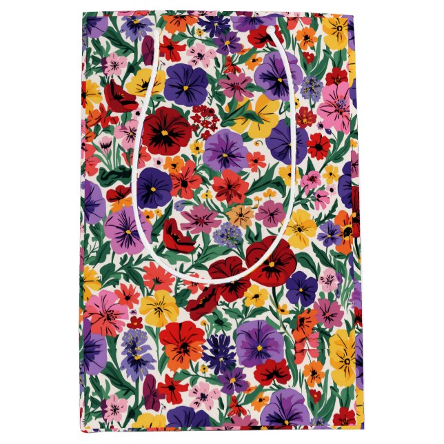 Sacola Para Presentes Média Bright Spring Pansies Floral Garden Pattern (Frente)