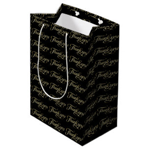 Sacola Para Presentes Média Brilhante Dourada E Preto Obrigado Padrão 2