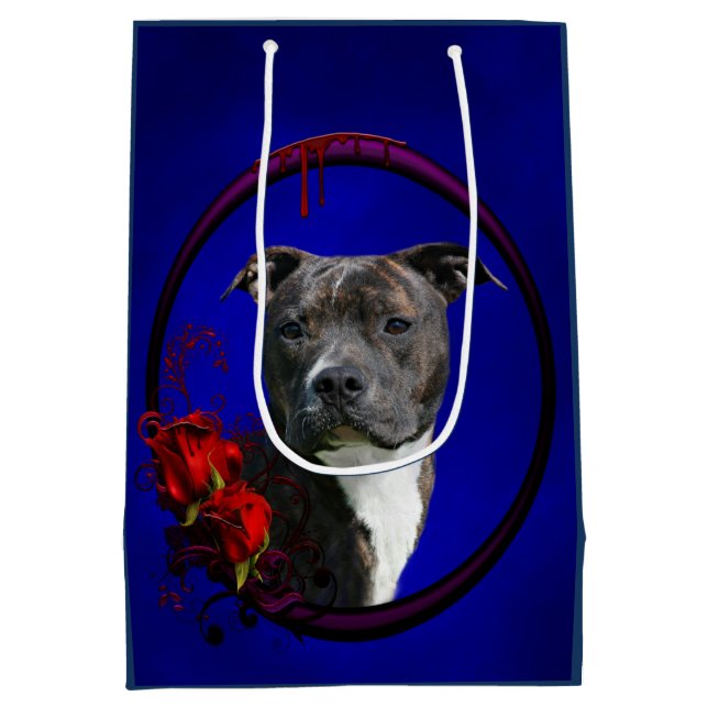 Sacola Para Presentes Média Brindle pitbull com rosas (Verso)