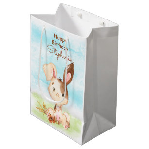 Sacola Para Presentes Média Brown Watercolor Little Bunny