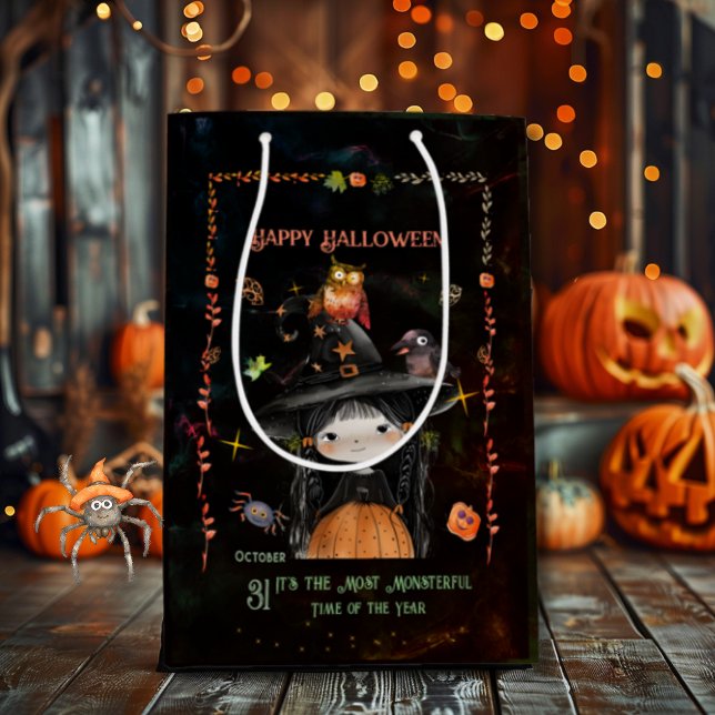 Sacola Para Presentes Média Bruxa de Festas de Figurino Feliz de Halloween (Happy Halloween Costume Party Witch Medium Gift Bag)