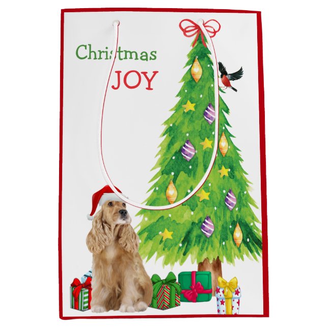 Sacola Para Presentes Média Buff Cocker Spaniel Santa Hat e Árvore de Natal (Frente)