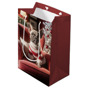 Sacola Para Presentes Média Buldogue Francês De Natal Na Cadeira Vermelha
