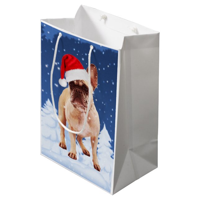 Sacola Para Presentes Média Buldogue francês no Natal da neve com o Papai Noel (Frente inclinada)