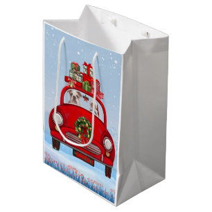 Sacola Para Presentes Média Buldogue Inglês No Carro Com Papai Noel