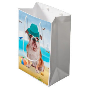 Sacola Para Presentes Média Bulldog Inglês na Praia
