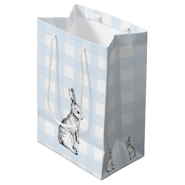Sacola Para Presentes Média Bunny Rabbit Blue Gingham Gift Bag (Frente inclinada)