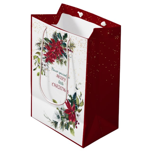 Sacola Para Presentes Média Buquê de Poinsettia Vermelha Dourado Natal Glitter (Frente inclinada)