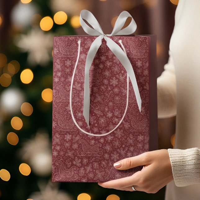 Sacola Para Presentes Média Burgundy Doodle Natal Sleigh Patterno (Criador carregado)