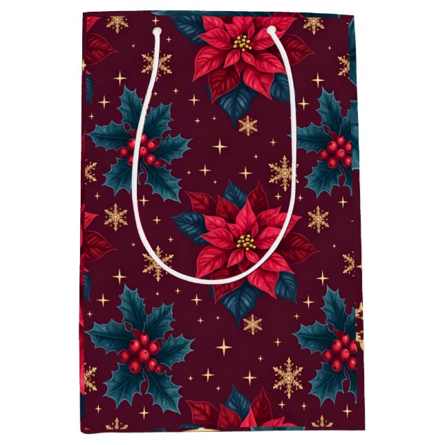 Sacola Para Presentes Média Burgundy Poinsettia & Gold Snowflake Dark Feminine (Frente)