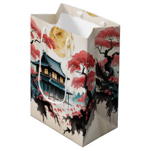 Sacola Para Presentes Média Cabana ao Luar Floresta Japonesa Arte (5)
