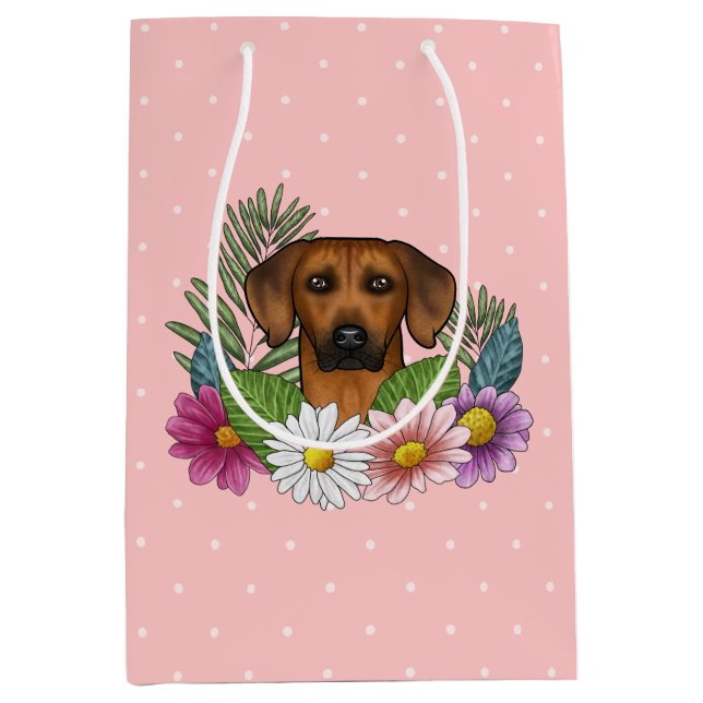 Sacola Para Presentes Média Cabeça de cão Ridgeback da Rodésia com flores silv (Frente)