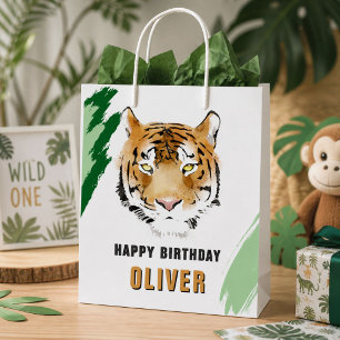 Sacola Para Presentes Média Cabeça de Tigre Aquarela Animal Feliz Aniversário