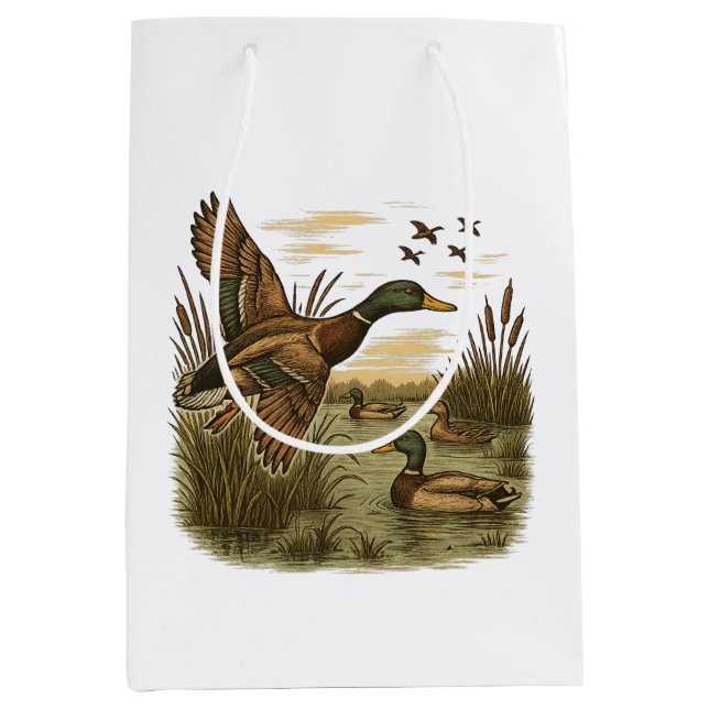 Sacola Para Presentes Média Caça ao Pato-Marreco Voador Retro (Frente)