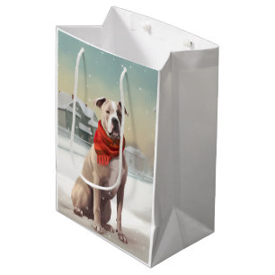 Sacola Para Presentes Média Cachorro American Staffordshire na Neve Natal