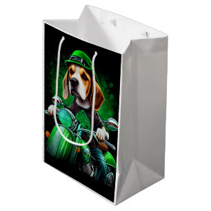 Sacola Para Presentes Média Cachorro Beagle dirigindo bicicleta Dia de São Pat