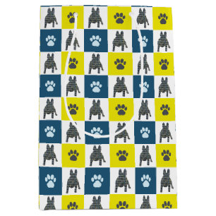 Sacola Para Presentes Média Cachorro-Buldogue Francês, Linha Amarela e Azul-Gr