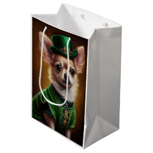 Sacola Para Presentes Média Cachorro Chihuahua vestido para o Dia de São Patrí
