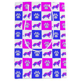 Sacola Para Presentes Média Cachorro Collie de Borda e Paw Rosa Quente e Azul
