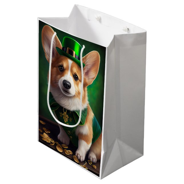 Sacola Para Presentes Média Cachorro Corgi na Rua. (Frente inclinada)