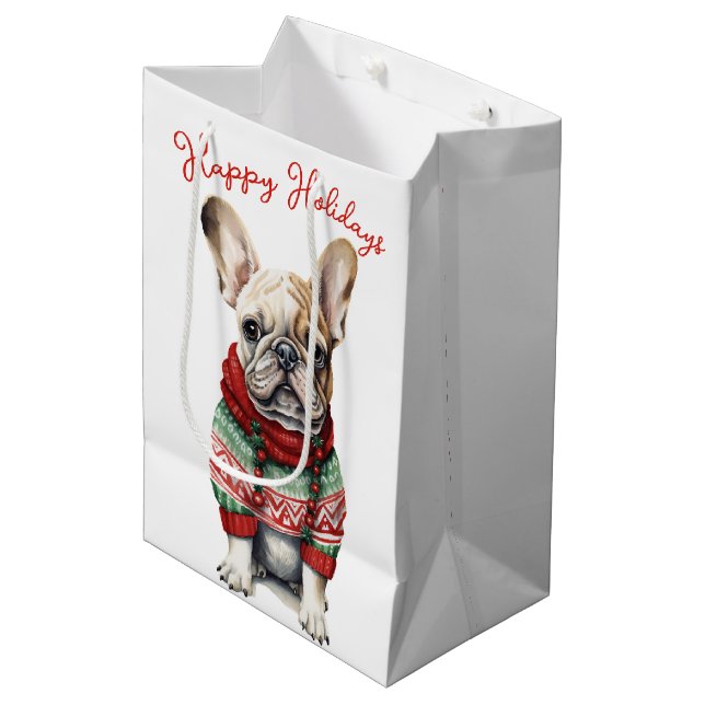 Sacola Para Presentes Média Cachorro de Buldogue Francês de Natal (Frente inclinada)