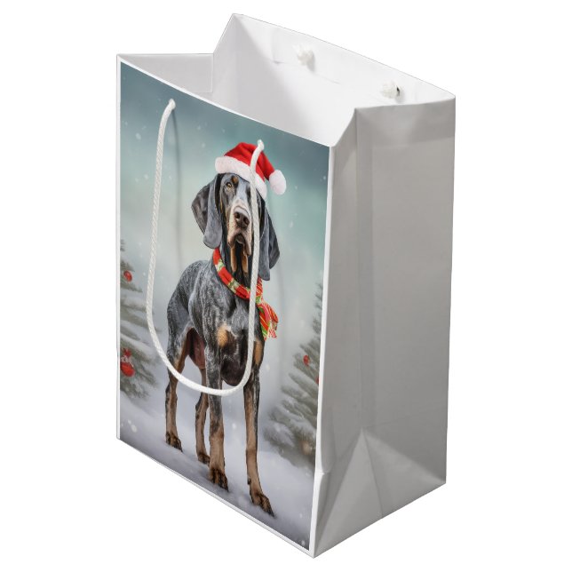 Sacola Para Presentes Média Cachorro de Cachorro Bluetick no Natal da Neve (Frente inclinada)