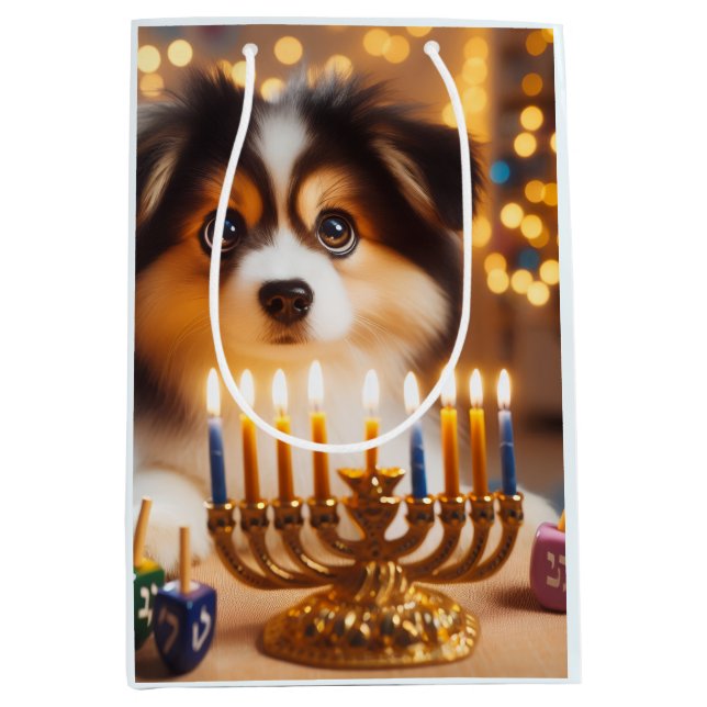 Sacola Para Presentes Média Cachorro de Hanukkah (Frente)