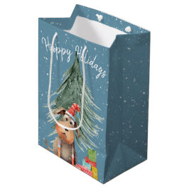 Sacola Para Presentes Média Cachorro de Natal e Pinheiro em Flocos de Neve