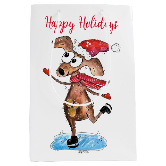 Sacola Para Presentes Média Cachorro de Natal Whimsso em Skates de gelo (Frente)