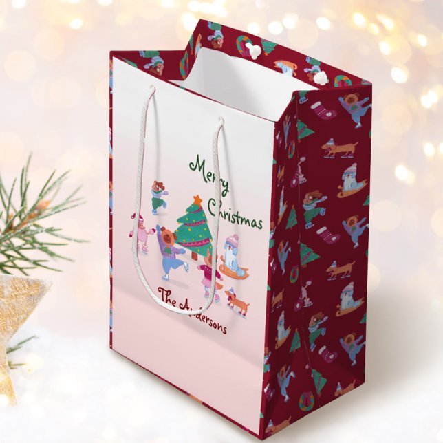 Sacola Para Presentes Média Cachorro Feliz de Natal Nome Pink Red (Criador carregado)