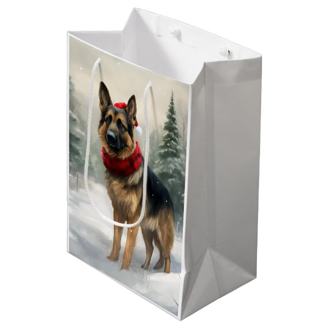 Sacola Para Presentes Média Cachorro german shepherd no Natal da Neve (Frente inclinada)