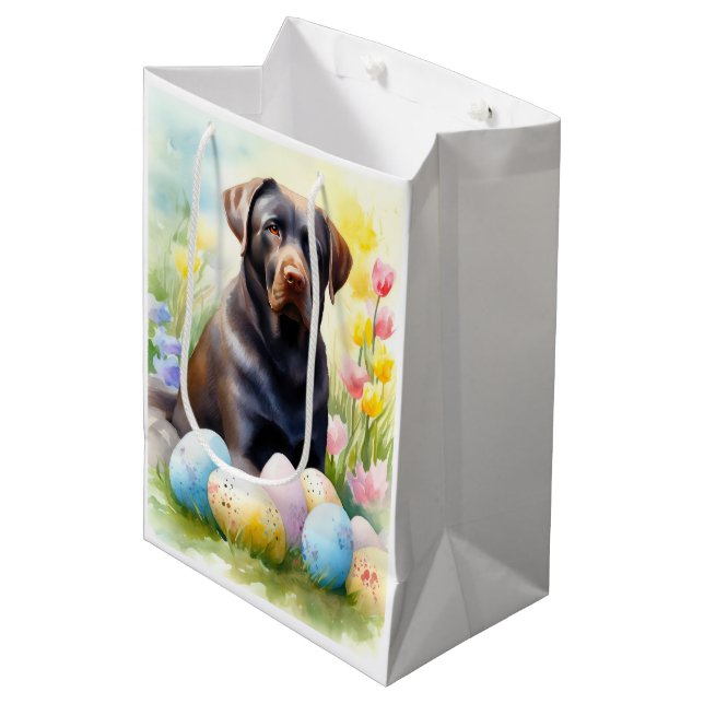 Sacola Para Presentes Média Cachorro Labrador Preto com Ovos da Páscoa (Frente inclinada)