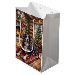 Sacola Para Presentes Média Cachorro Montanhês Bernês Vintage Cabine de Natal 