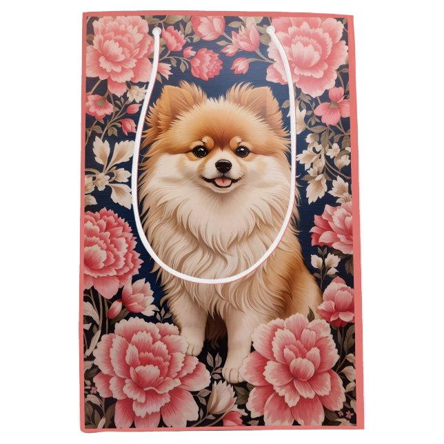 Sacola Para Presentes Média Cachorro Pomeraniano Cachorro Rosa (Frente)