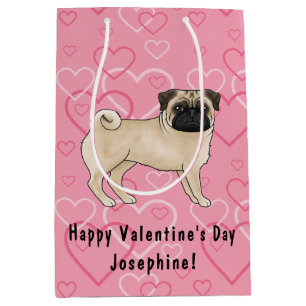 Sacola Para Presentes Média Cachorro Pug Fawn Desenho Animado Padrão de Coraçã