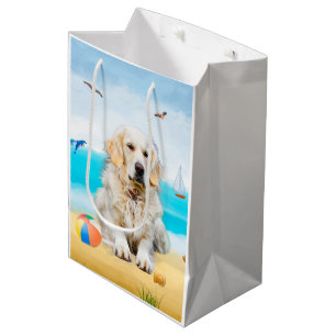 Sacola Para Presentes Média Cachorro Retriever Dourado na Praia