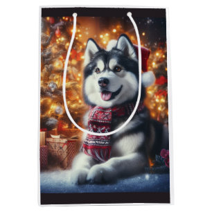 Sacola Para Presentes Média Cachorro Rouco bonitinho na Cena de Natal
