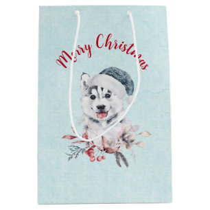 Sacola Para Presentes Média Cachorro Rouco de Natal num Chapéu Santa