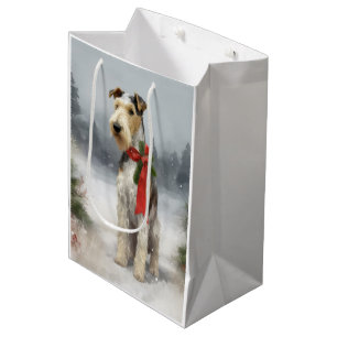 Sacola Para Presentes Média Cachorro Terrier Wirefox no Natal da Neve