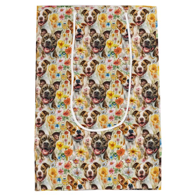 Sacola Para Presentes Média Cachorros de Pitbull Felizes, Touros de Poço (Verso)