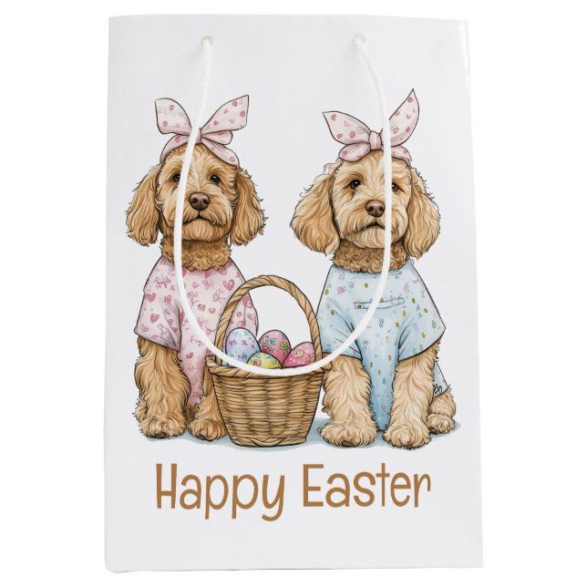 Sacola Para Presentes Média Cachorros Goldendoodle Feliz Páscoa (Frente)