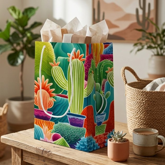 Sacola Para Presentes Média Cactos em Vasos Abstratos (Criador carregado)