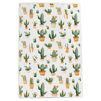 Sacola Para Presentes Média Cactus Potado no Saco Branco do Presente