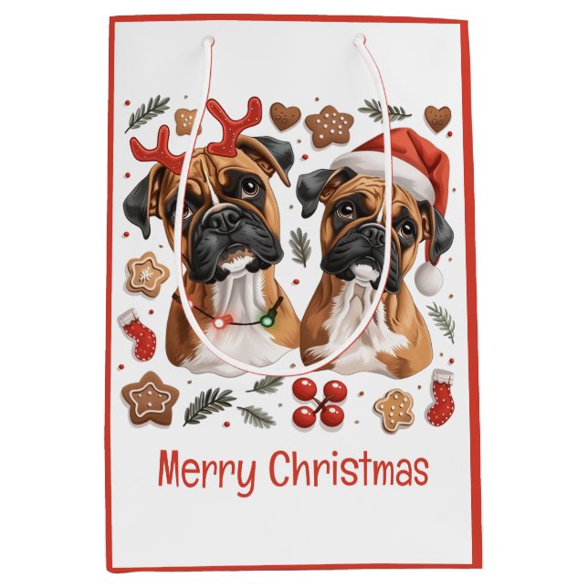 Sacola Para Presentes Média Cães Boxer Feliz de Natal (Frente)