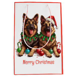 Sacola Para Presentes Média Cães de German shepherd Feliz de Natal